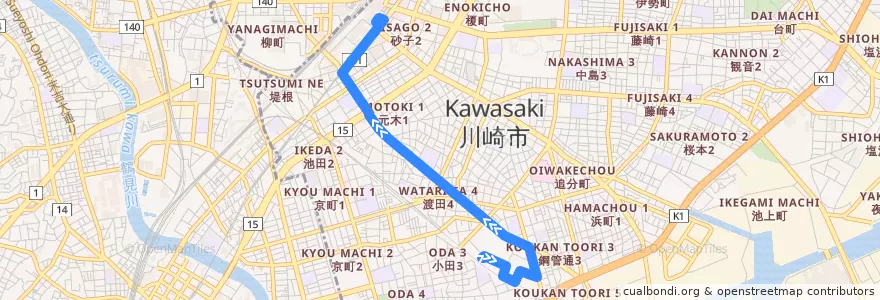 Mapa del recorrido 渡田線　カワサキアイランドスイート => 川崎駅 de la línea  en Kawasaki Ward.