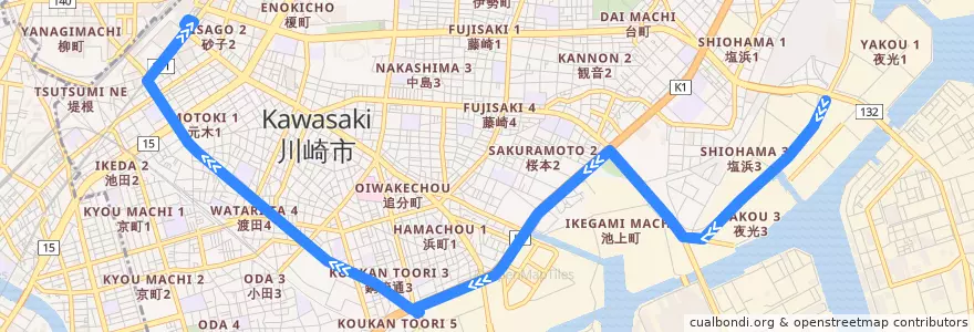 Mapa del recorrido 渡田線　塩浜 => 川崎駅 de la línea  en Kawasaki Ward.