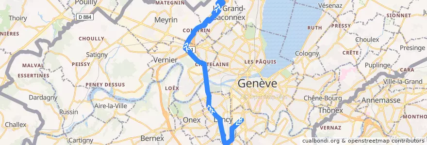 Mapa del recorrido Bus 23 (TOSA): Carouge-Tours → Aéroport-P47 de la línea  en Genève.