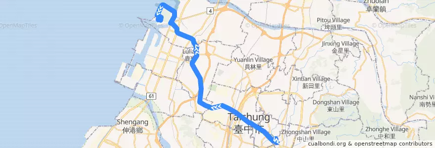 Mapa del recorrido 309路 (往高美濕地) de la línea  en Тайчжун.