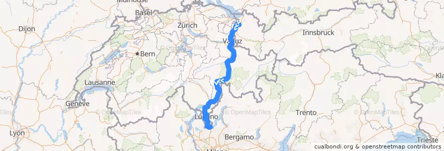 Mapa del recorrido Flixbus N76: München ZOB => Turin, Vittorio Emanuele de la línea  en Switzerland.