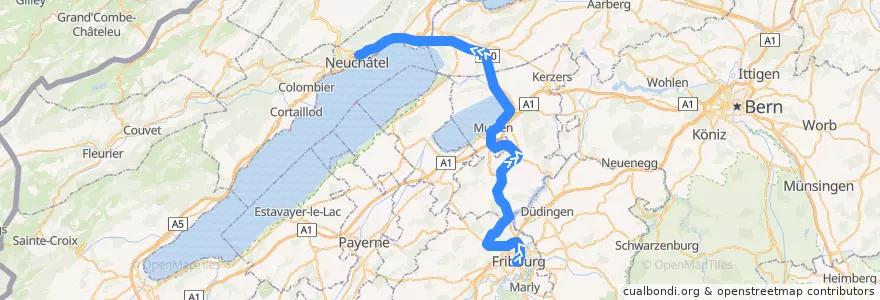 Mapa del recorrido S20: Fribourg => Neuchâtel de la línea  en Schweiz/Suisse/Svizzera/Svizra.