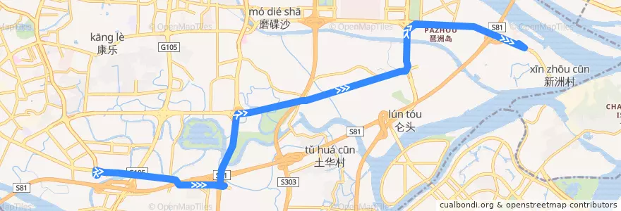 Mapa del recorrido 762路(海珠客运站总站-黄埔古村总站) de la línea  en 海珠区.