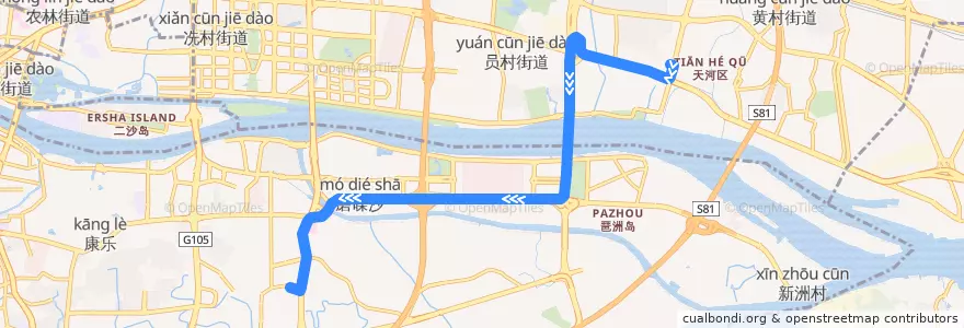 Mapa del recorrido 763路(车陂总站-大塘总站) de la línea  en 광저우시.