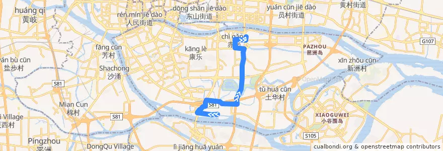Mapa del recorrido 765路[沥滘大埗头总站-阅江路(珠江啤酒厂)总站] de la línea  en Haizhu District.