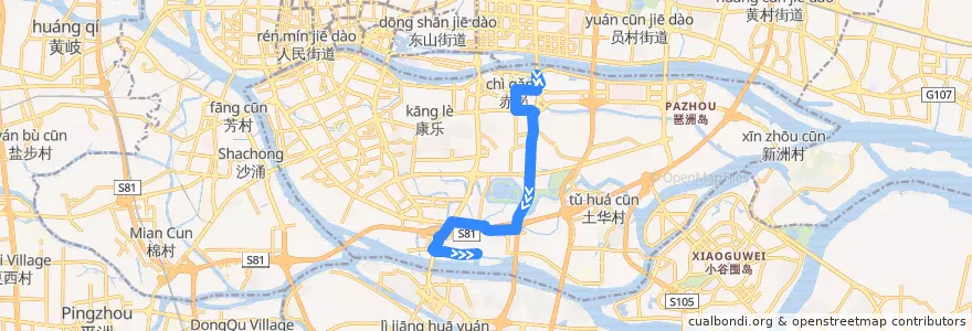 Mapa del recorrido 765路[阅江路(珠江啤酒厂)总站-沥滘大埗头总站] de la línea  en Haizhu District.