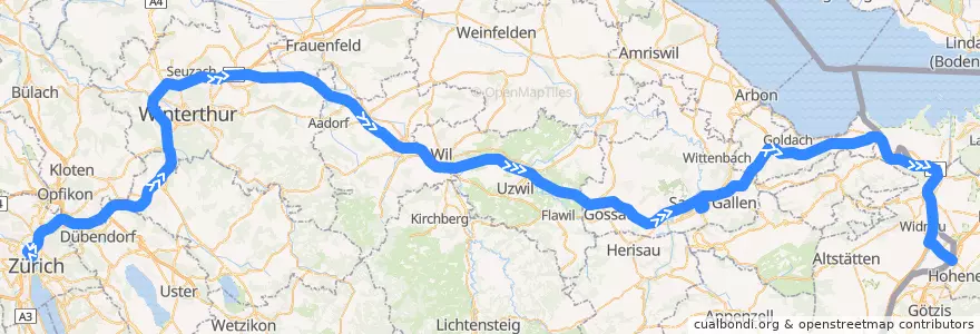 Mapa del recorrido Flixbus X06: Zürich HB (Carpark Sihlquai) => München ZOB de la línea  en Zwitserland.