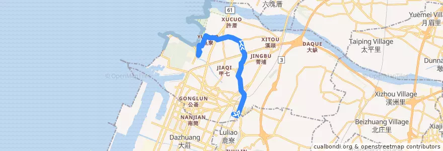 Mapa del recorrido 179路 (往高美濕地(經三美)) de la línea  en Qingshui District.