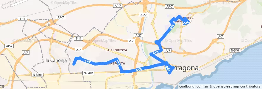 Mapa del recorrido L54 Cooperativa Tàrraco - Pere Martell - Bonavista de la línea  en Tarragona.