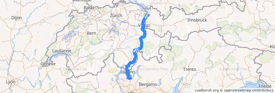 Mapa del recorrido Flixbus 076: München, ZOB => Turin, Vittorio Emanuele de la línea  en 스위스.