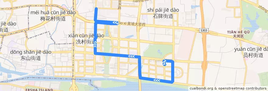 Mapa del recorrido 777路(珠江新城总站-天河城总站) de la línea  en Tianhe District.