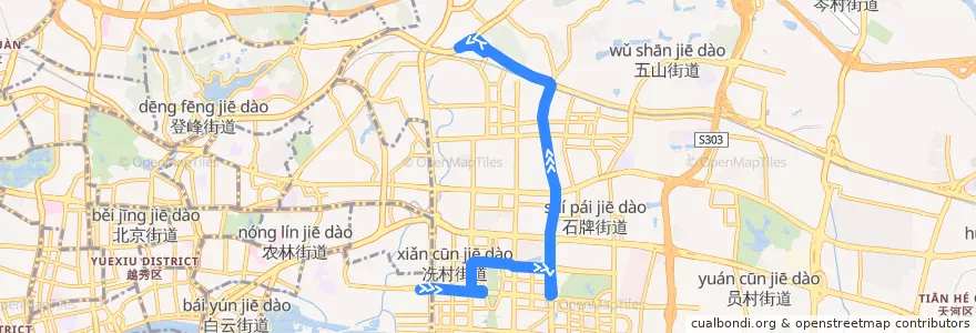 Mapa del recorrido 778路(五羊新城总站-广州东站汽车站总站) de la línea  en Tianhe District.