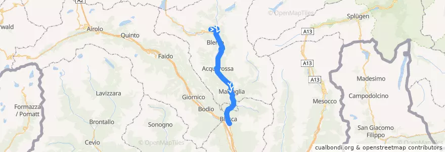 Mapa del recorrido Bus 131: Olivone–Acquarossa–Biasca de la línea  en Distretto di Blenio.