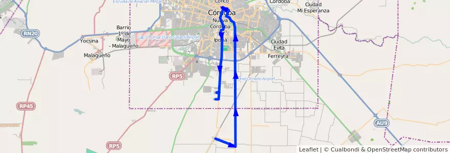 Mapa del recorrido 9 de la línea A (Azul) en Córdoba.