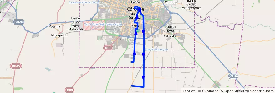 Mapa del recorrido 9 de la línea A (Azul) en Municipio de Córdoba.