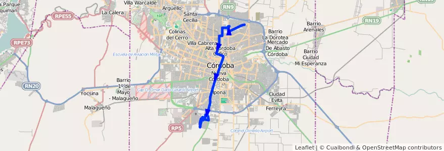 Mapa del recorrido 9 de la línea R (Rojo) en Municipio de Córdoba.