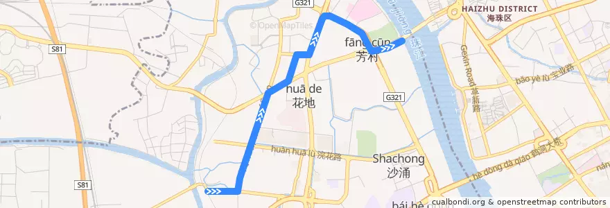 Mapa del recorrido 782路[江北路总站-芳村码头(信义路)总站] de la línea  en 荔湾区.