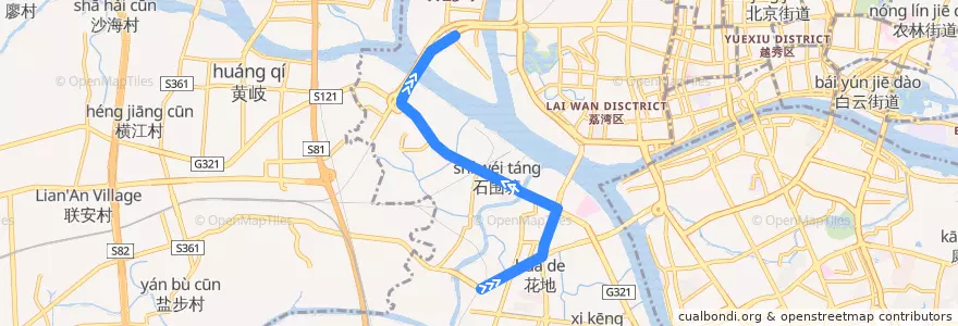 Mapa del recorrido 783路环线上半环[茶滘路总站-大坦沙(市一中)] de la línea  en 荔湾区.