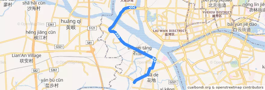 Mapa del recorrido 783路环线下半环[大坦沙(市一中)-茶滘路总站] de la línea  en 荔湾区.