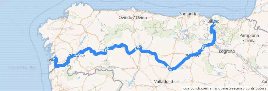 Mapa del recorrido Intercity 00283 Bilbao-Abando → Vigo-Guixar de la línea  en Spain.