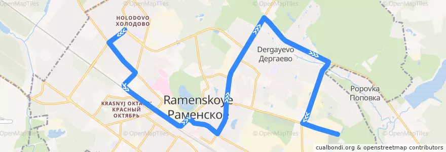 Mapa del recorrido Автобус 1: м/р Холодово – ДК "Орбита" – Мясокомбинат de la línea  en Раменский городской округ.