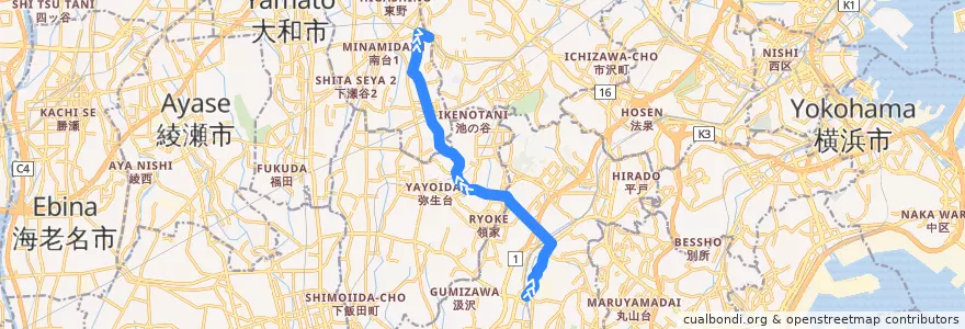 Mapa del recorrido 神奈中 戸19 de la línea  en Yokohama.