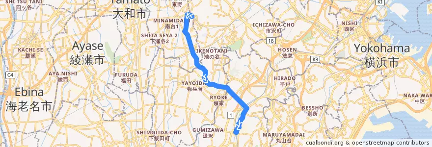 Mapa del recorrido 神奈中 戸19 de la línea  en 요코하마시.