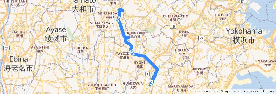 Mapa del recorrido 神奈中 戸17 de la línea  en 横浜市.