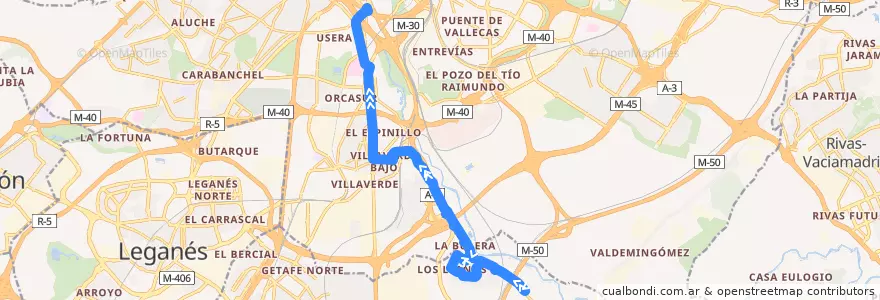 Mapa del recorrido Bus 411: Perales del Río - Madrid (Legazpi) de la línea  en Área metropolitana de Madrid y Corredor del Henares.