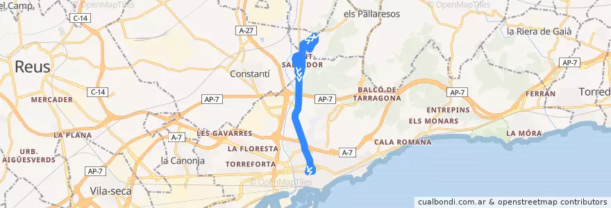 Mapa del recorrido L85 St. Salvador - Prat de la Riba de la línea  en Tarragona.