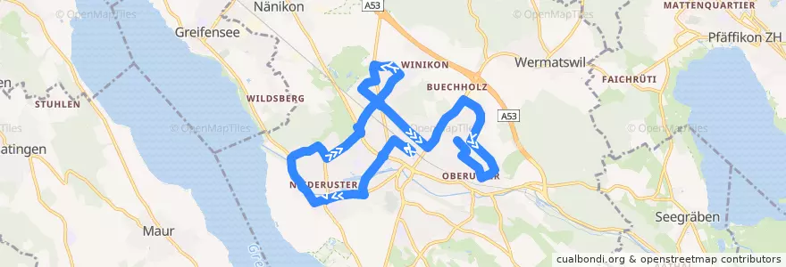 Mapa del recorrido Bus N81: Uster, Bahnhof => Uster, Wageren de la línea  en Uster.