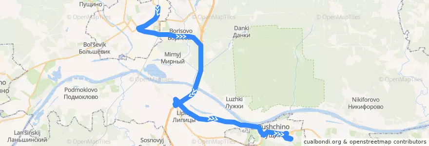 Mapa del recorrido Автобус 33: Станция "Серпухов" - Автостанция "Пущино" de la línea  en городской округ Серпухов.