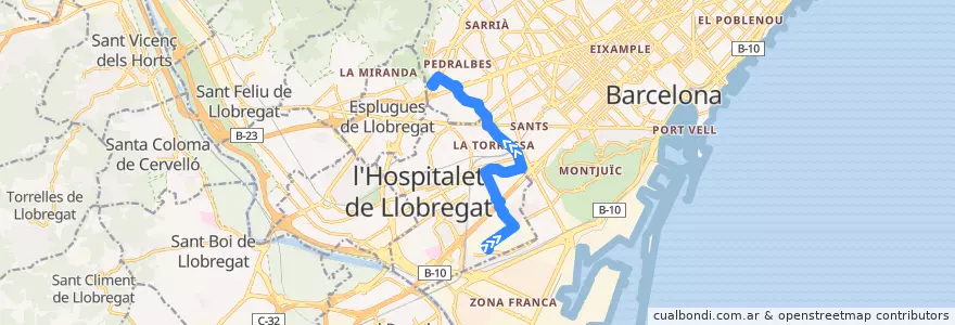 Mapa del recorrido V1 Districte Gran Via l'Hospitalet => Av. Esplugues de la línea  en Barcelonès.