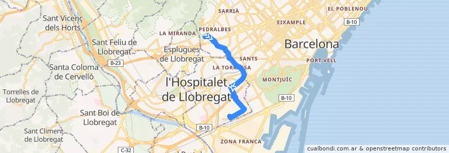 Mapa del recorrido V1 Av. Esplugues => Districte Gran Via l'Hospitalet de la línea  en Барселонес.