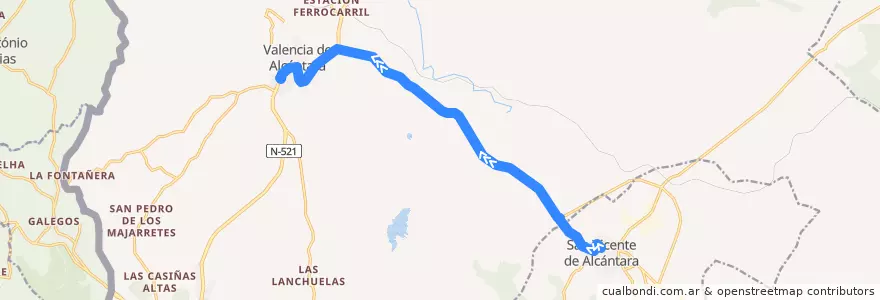 Mapa del recorrido Norbabus JEV-008-8: San Vicente de Alcántara => Valencia de Alcántara de la línea  en Valencia de Alcántara.