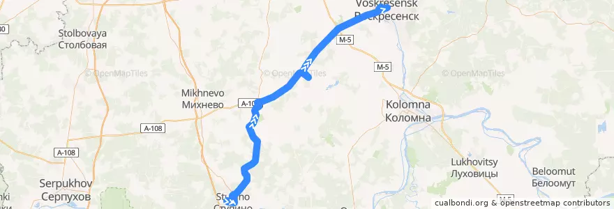 Mapa del recorrido Автобус 72: Ступино - Воскресенск de la línea  en Oblast' di Mosca.