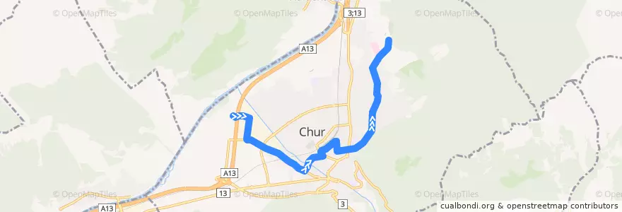 Mapa del recorrido 2: Obere Au - Fürstenwald de la línea  en Chur.