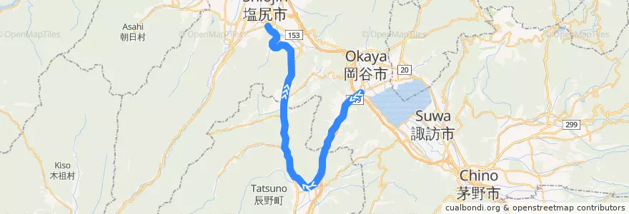 Mapa del recorrido JR中央線辰野支線 de la línea  en 나가노현.