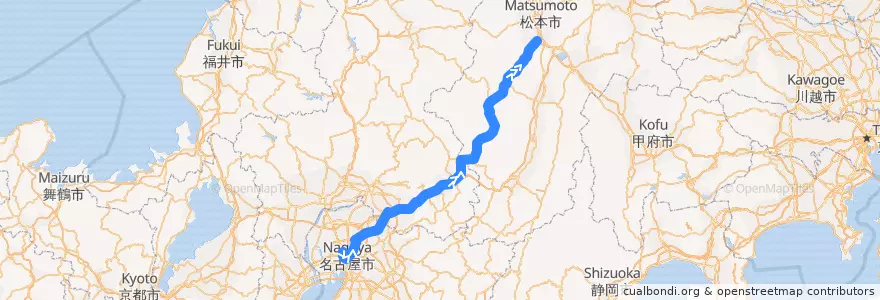 Mapa del recorrido JR中央西線（下り） de la línea  en اليابان.