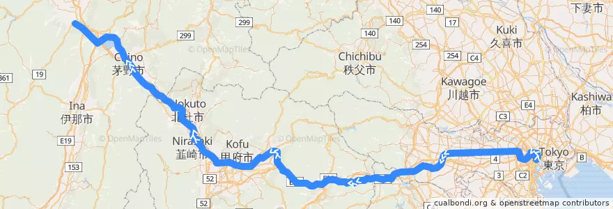 Mapa del recorrido JR中央線（下り） de la línea  en Giappone.