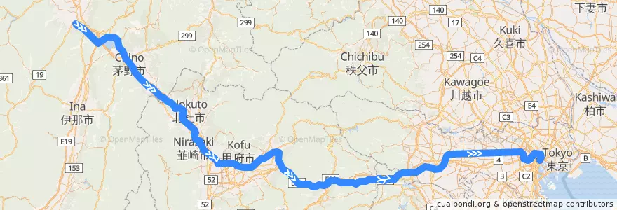 Mapa del recorrido JR中央線（上り） de la línea  en Giappone.
