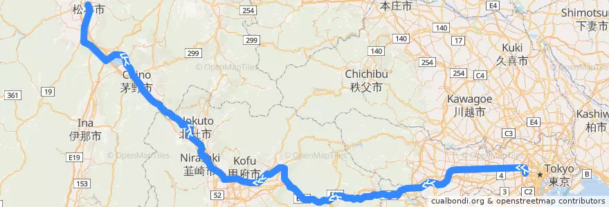 Mapa del recorrido あずさ de la línea  en Japonya.