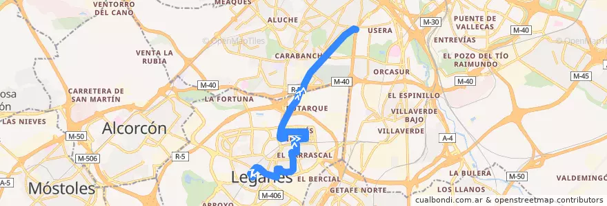 Mapa del recorrido Bus 480: Leganés Central - Madrid (Plaza Elíptica) de la línea  en Área metropolitana de Madrid y Corredor del Henares.