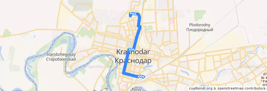 Mapa del recorrido Автобус №2Е: Железнодорожный вокзал "Краснодар-I" => троллейбусное депо №1 de la línea  en городской округ Краснодар.
