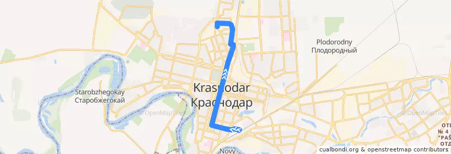 Mapa del recorrido Автобус №2Е: Железнодорожный вокзал "Краснодар-I" => троллейбусное депо №1 de la línea  en городской округ Краснодар.