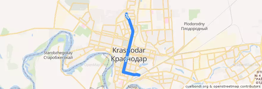 Mapa del recorrido Автобус №2Е: Депо №1 => Железнодороржный вокзал "Краснодар-1" de la línea  en городской округ Краснодар.