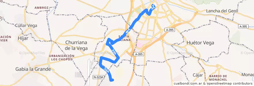 Mapa del recorrido Bus 0155: Granada → Armilla (por obras) de la línea  en Comarca de la Vega de Granada.