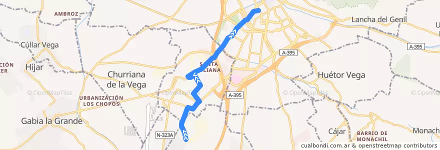 Mapa del recorrido Bus 0155: Armilla → Granada (por obras) de la línea  en Comarca de la Vega de Granada.
