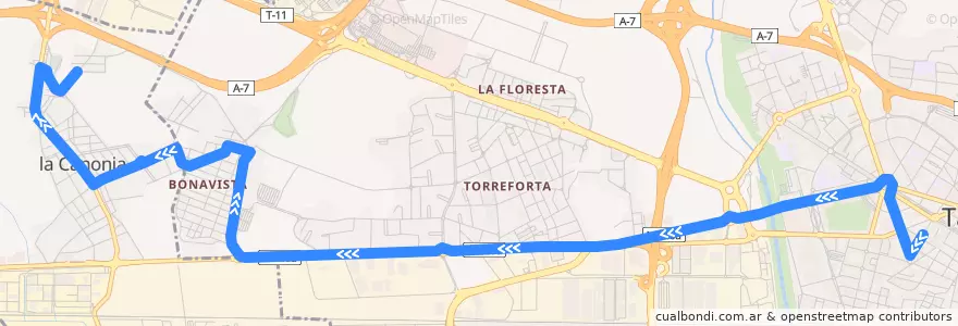 Mapa del recorrido L30 Tarragona - La Canonja de la línea  en Tarragonès.