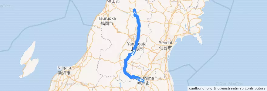 Mapa del recorrido JR奥羽線（下り） de la línea  en Prefectura de Yamagata.